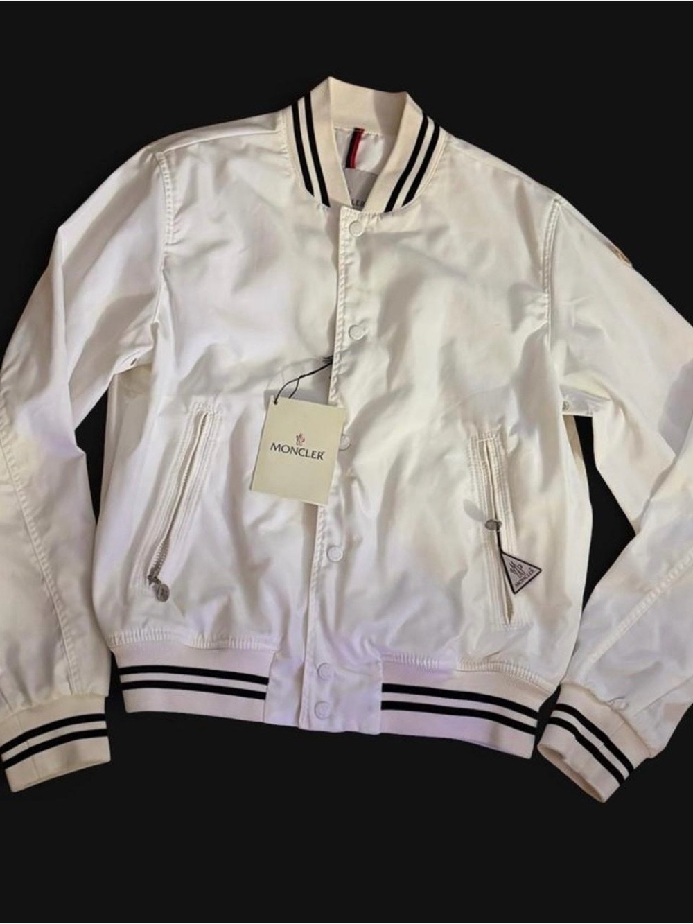 🦋Moncler Men's Size XL White Bomber Jacket with Contrasting Stripe Trim